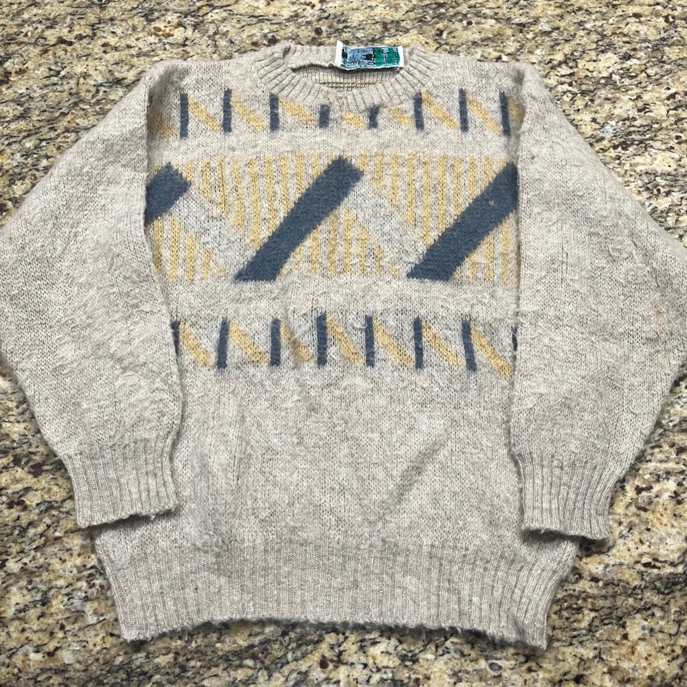 Vintage Eider Knit Wool Sweater Mens Small Icelandic Pattern Beige Blue Pullover